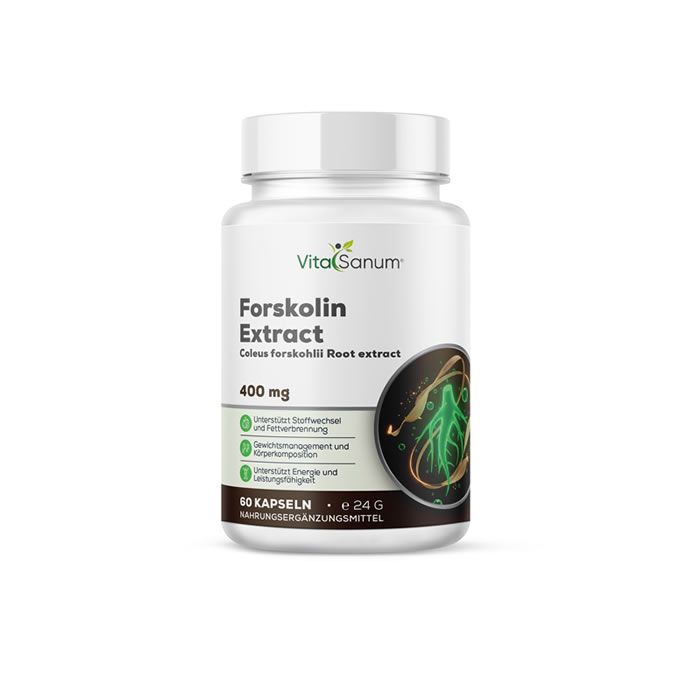 Witte fles met capsules. Opschrift: VitaSanum, Forskolin Extract, 400 mg. Illustratie van Coleus Forskohlii.