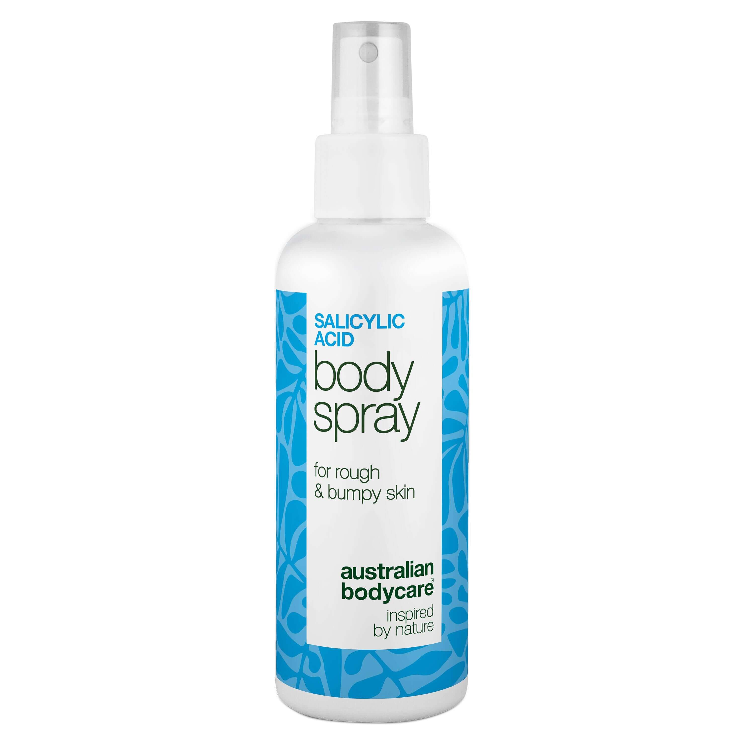 Flacon spray blanc avec étiquette bleue. Texte : Salicylic Acid Body Spray, pour peau rugueuse et bosselée. Marque : Australian Bodycare.