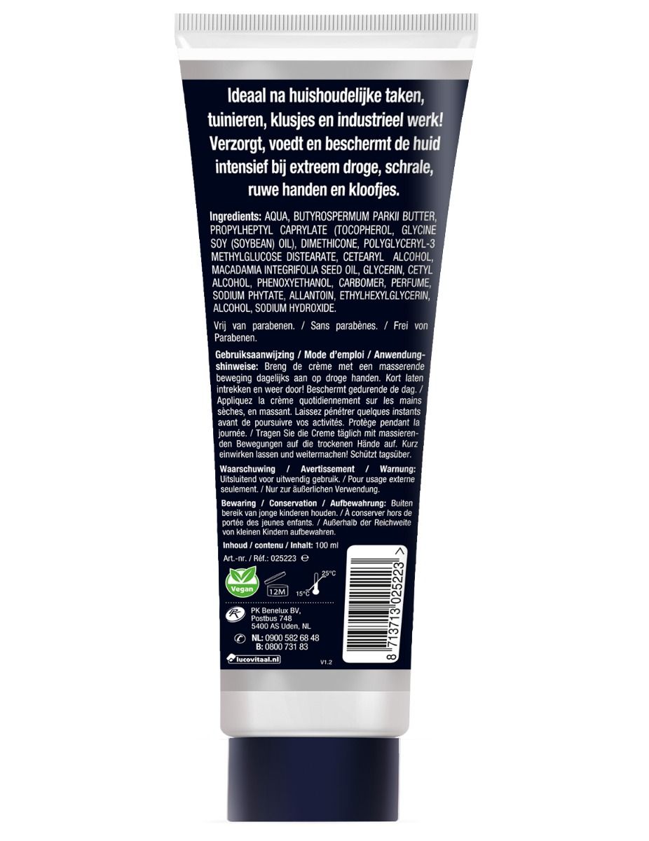 Achterkant van de tube "Werkhanden Crème". Tekst: ingrediënten, gebruiksaanwijzing, waarschuwingen. Vegan logo.