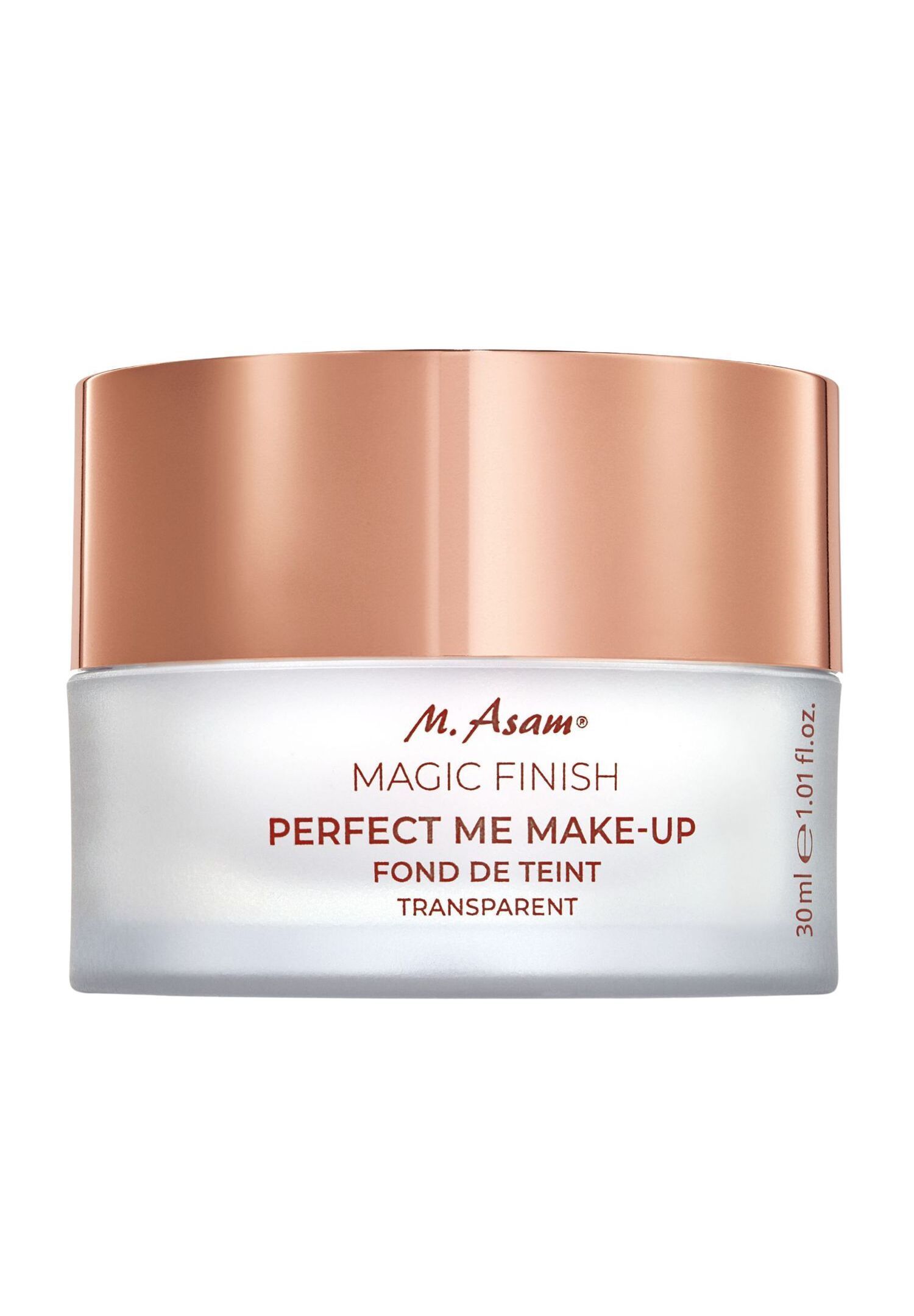 M. Asam Magic Finish Make-up. Pot rond transparent avec couvercle cuivré. Inscription : Perfect Me Make-up, Fond de Teint Transparent.