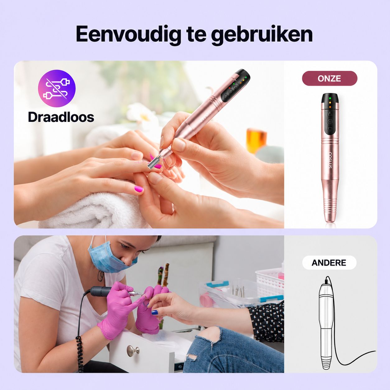 Roze, draadloze nagelboor met display en opzetstukken.
