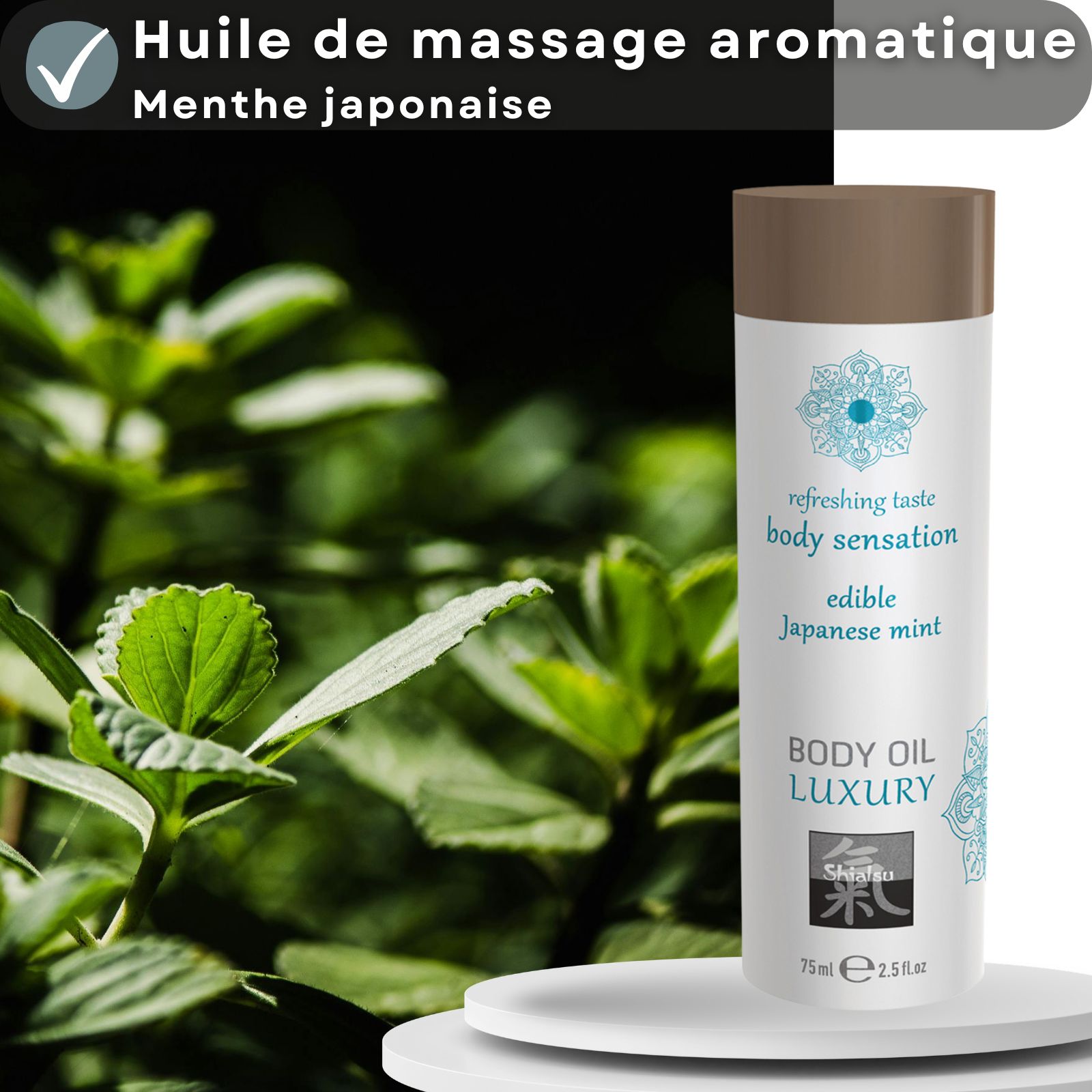 Flacon d'huile corporelle Shiatsu Luxury près de menthe fraîche. Huile de massage aromatique.