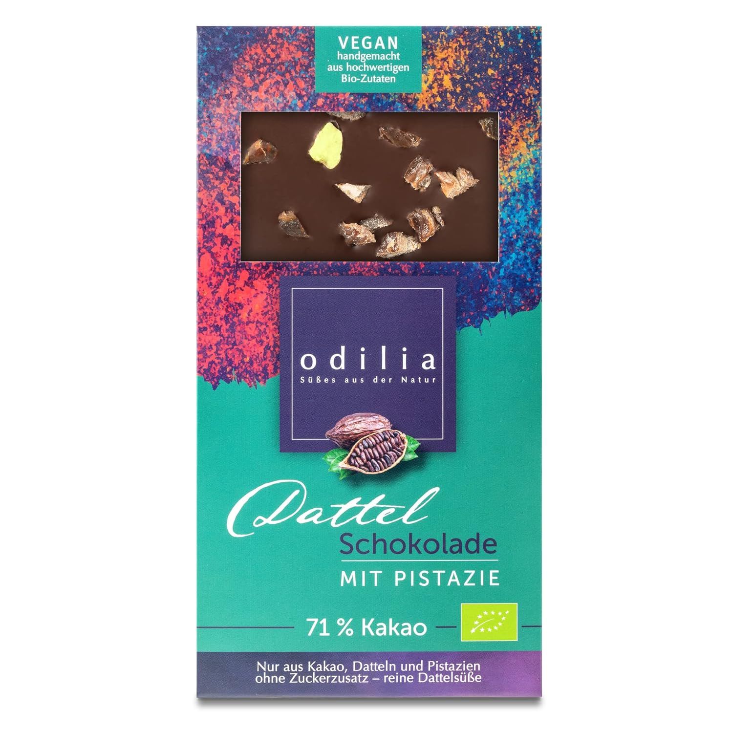 odilia Chocolat bio aux dattes et à la pistache, 71 % de cacao