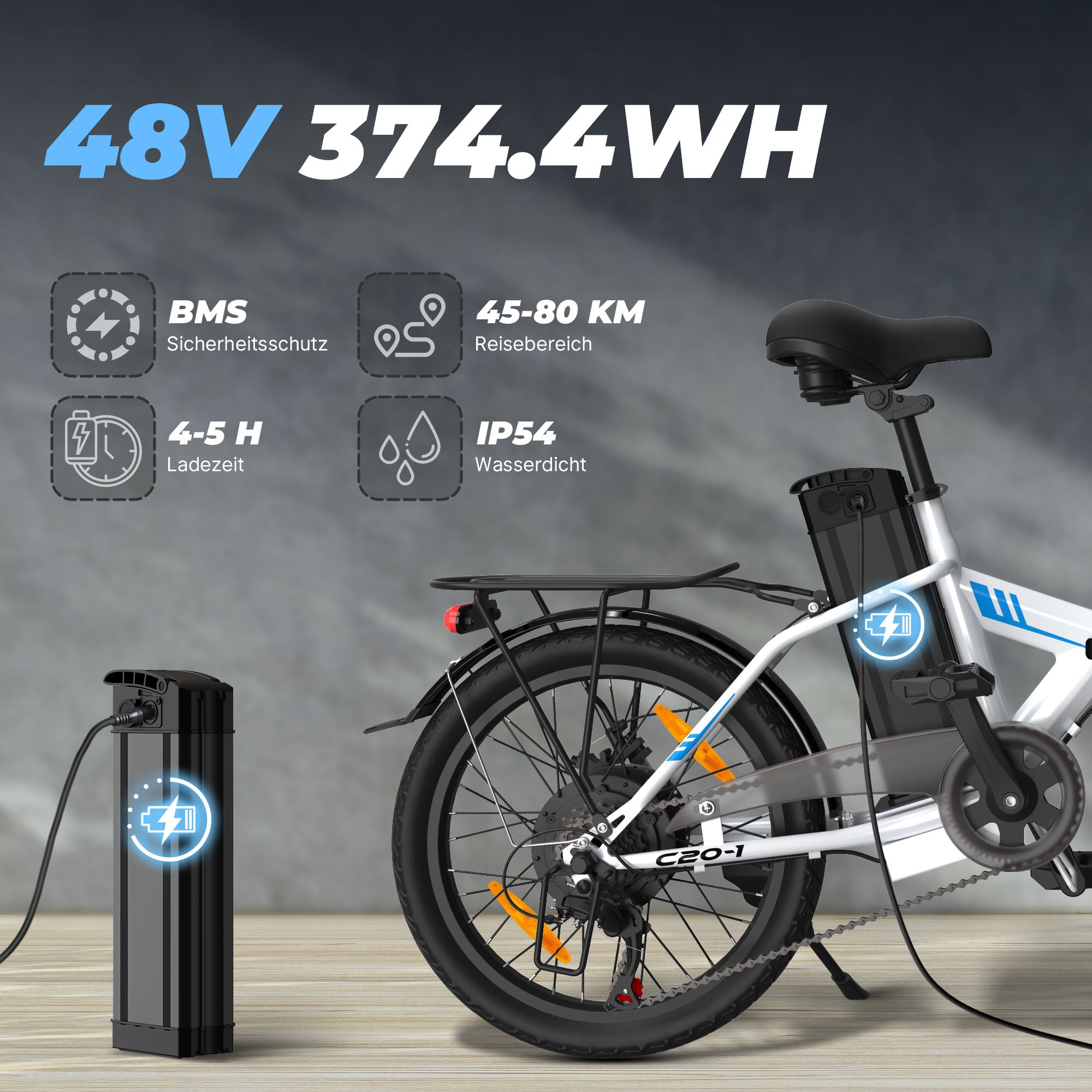 Vélo électrique pliant VARUN C20-1. Batterie noire en charge. 48V, 374.4WH. Autonomie 45-80 km. IP54 étanche.