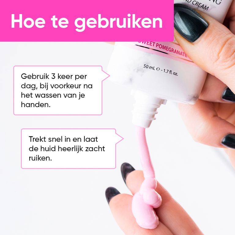 Handcrème tube met marmerpatroon, crème wordt op een vinger gedrukt. Gebruiksaanwijzing in het Nederlands.