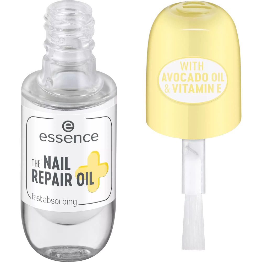 Flacon transparent avec étiquette blanche et bouchon jaune. L'étiquette indique "essence THE NAIL REPAIR OIL".