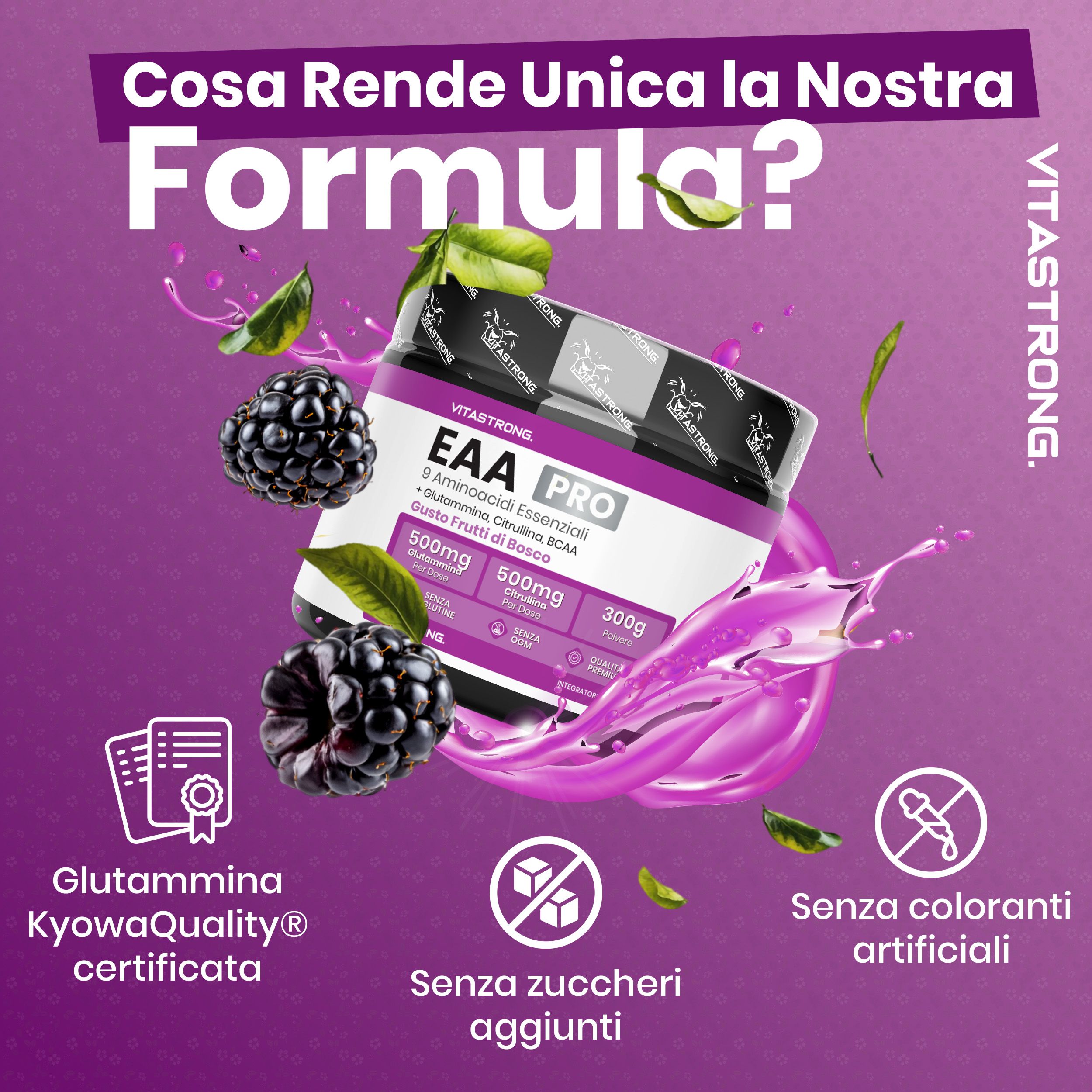 Vitastrong EAA Pro, pot et mûres. Glutamine certifiée, sans sucres ajoutés, sans colorants artificiels.