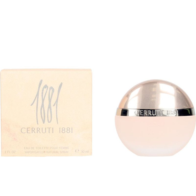 Flacon et emballage de Cerruti 1881 Eau de Toilette. Flacon rond, rose pâle. Boîte beige.