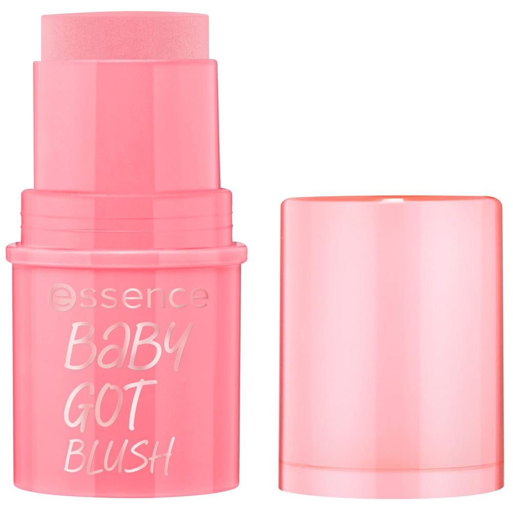 Essence Baby Got Blush. Roze stick met open dop. Productnaam en merk op de verpakking.