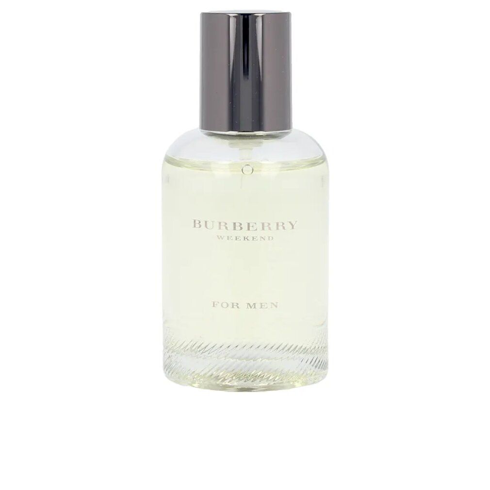 Burberry Weekend Eau de Toilette voor mannen. Fles met zilveren dop. Opschrift: Burberry Weekend, For Men.