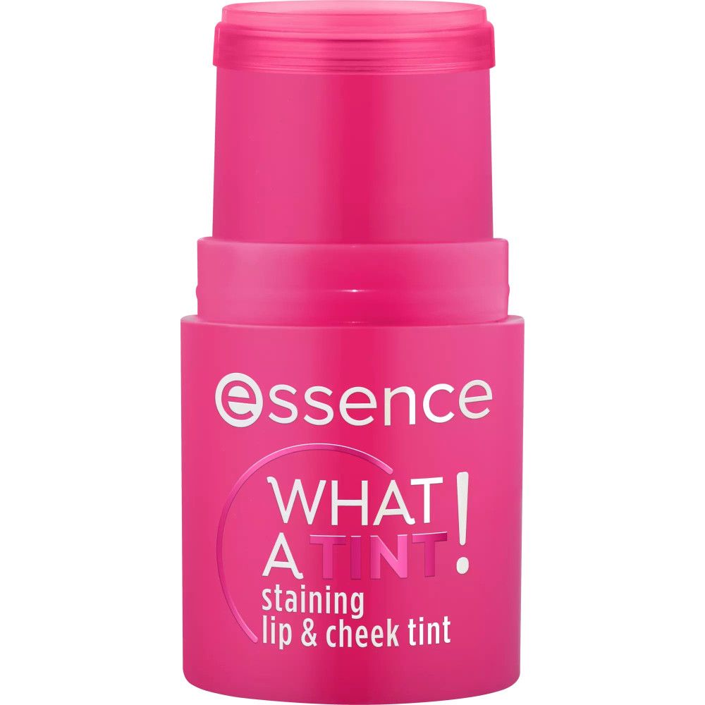 Lip- & wangtint, roze. Productnaam en tekst "WHAT A TINT" zichtbaar.