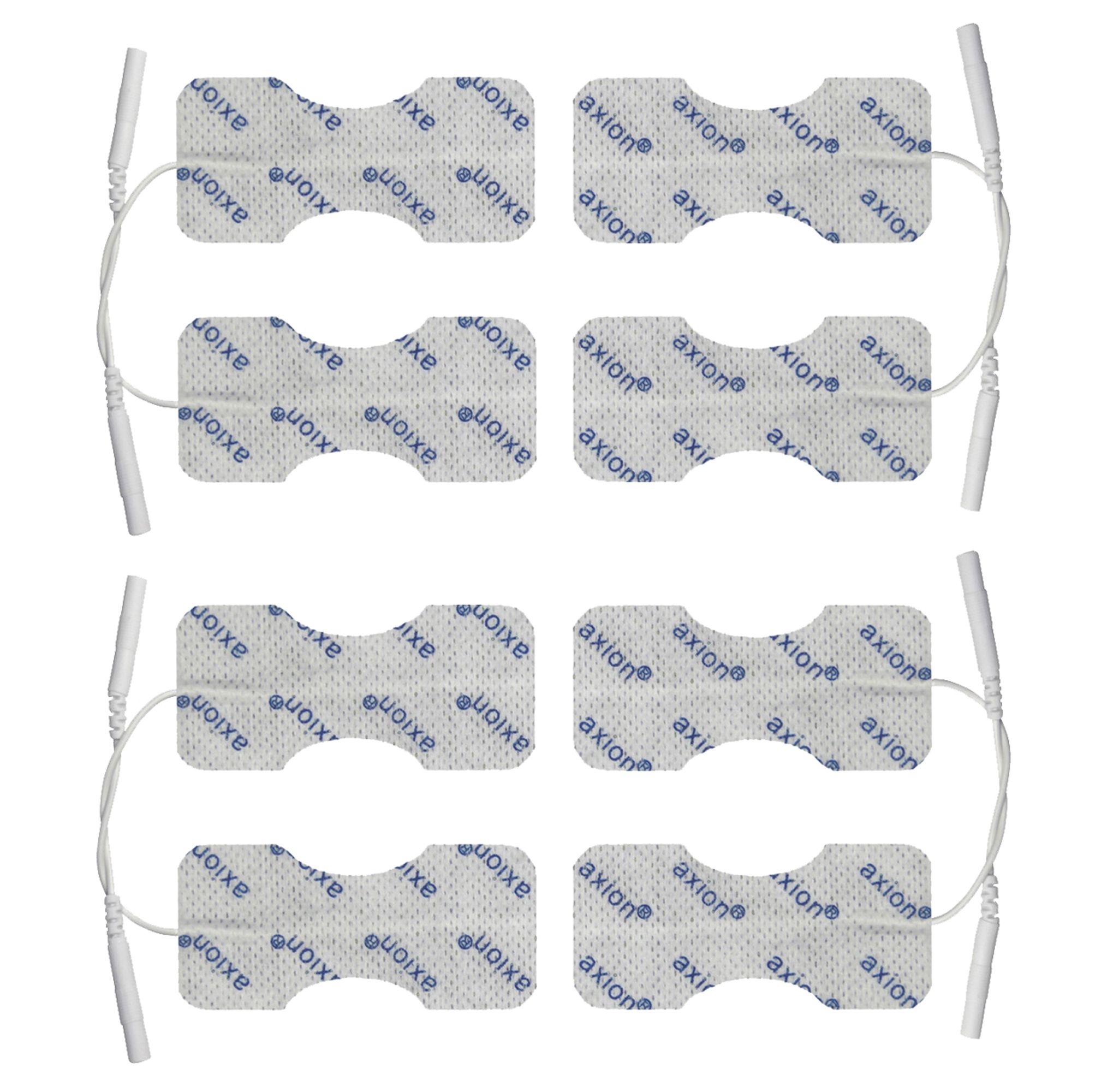 Acht axion elektrodenpads. Rechthoekige vorm met afgeronde hoeken. Witte oppervlakte met axion-logo. Kabels met stekker.