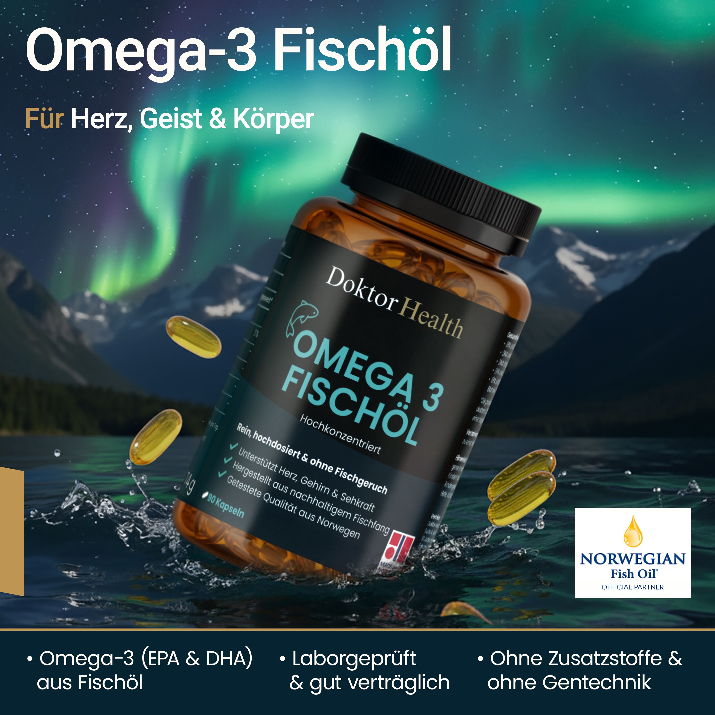 Flacon et gélules brunes. Texte : Omega-3 Fischöl, Doktor Health. Logo Norwegian Fish Oil. Pour le cœur, l'esprit et le corps.
