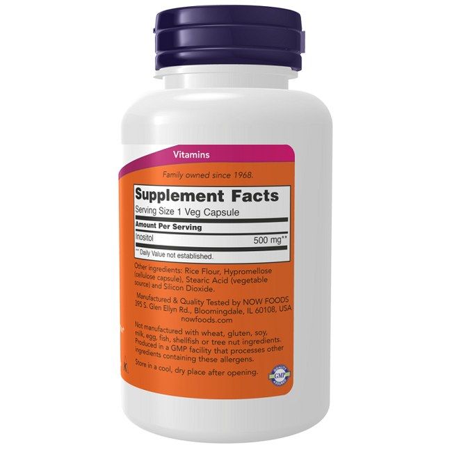 Now Foods Inositol Capsules, Supplement Facts: 500 mg Inositol per capsule, 100 Veg Capsules.