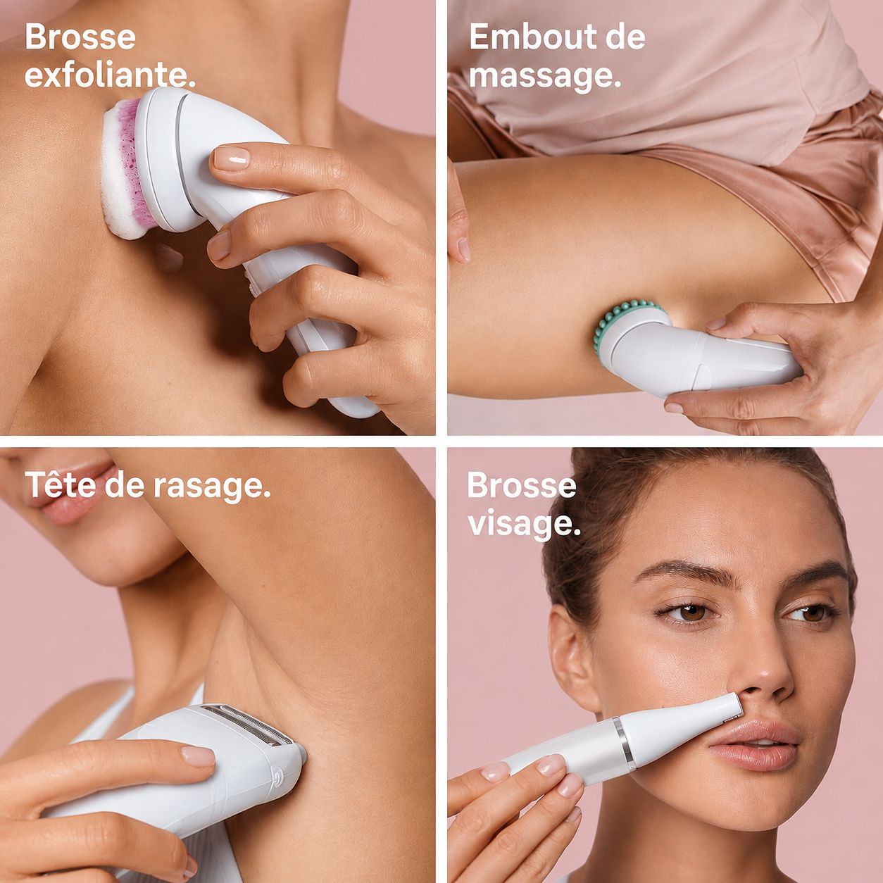 Brosse exfoliante blanche à poils roses utilisée sur l'épaule.