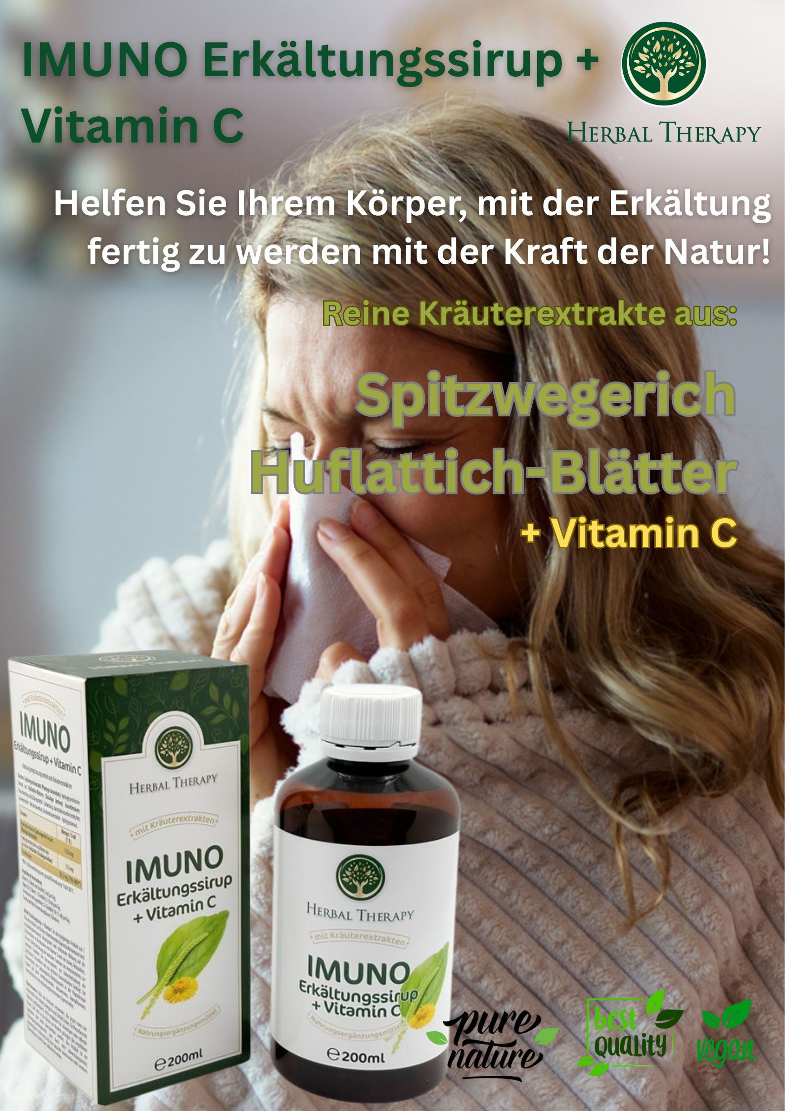 Femme avec mouchoir. Bouteille et boîte avec inscription : IMUNO Erkältungssirup + Vitamine C. Logo Herbal Therapy.