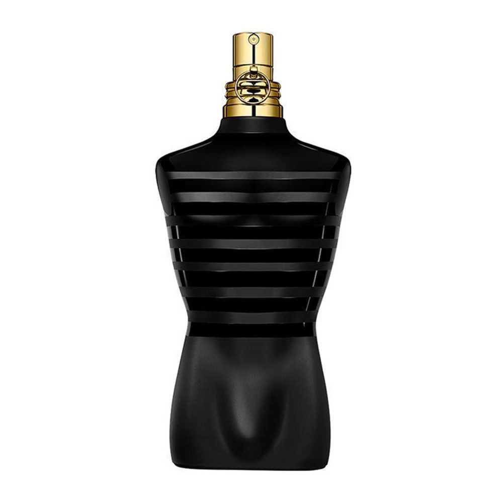 Zwarte torso-vormige fles met gouden dop. Geen andere inscriptie.