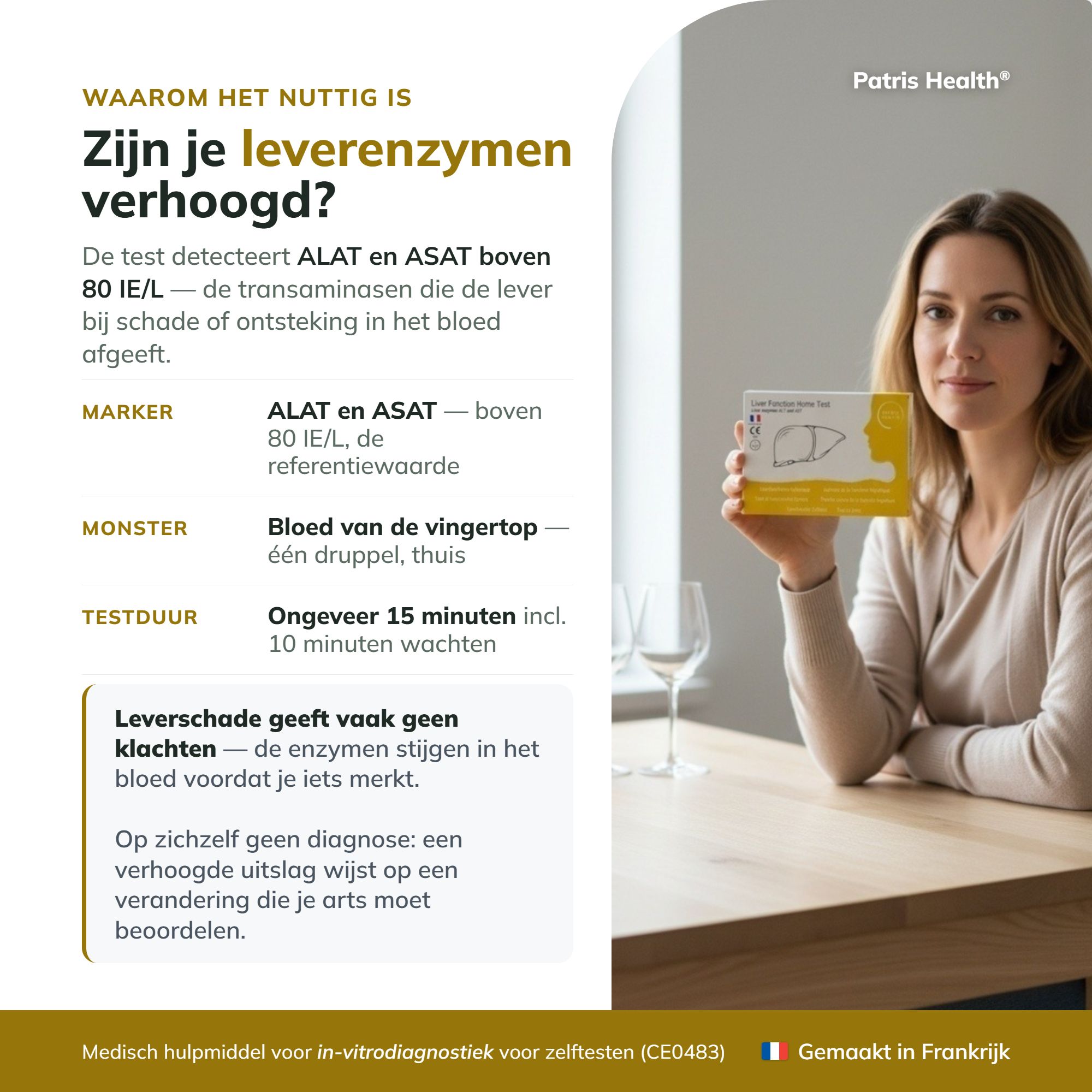 Zes geïllustreerde stappen voor het uitvoeren van de Patris Health leverfunctietest.