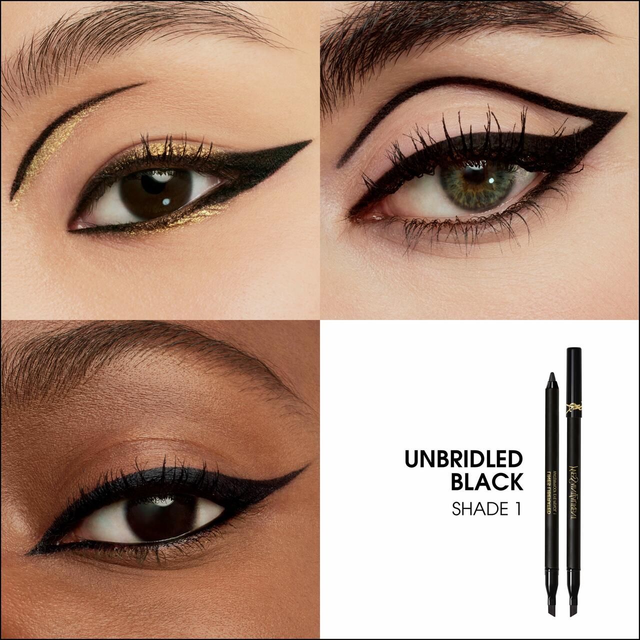 Close-ups van ogen met eyeliner-toepassingen. Product en tekst 'UNBRIDLED BLACK SHADE 1' rechtsonder.