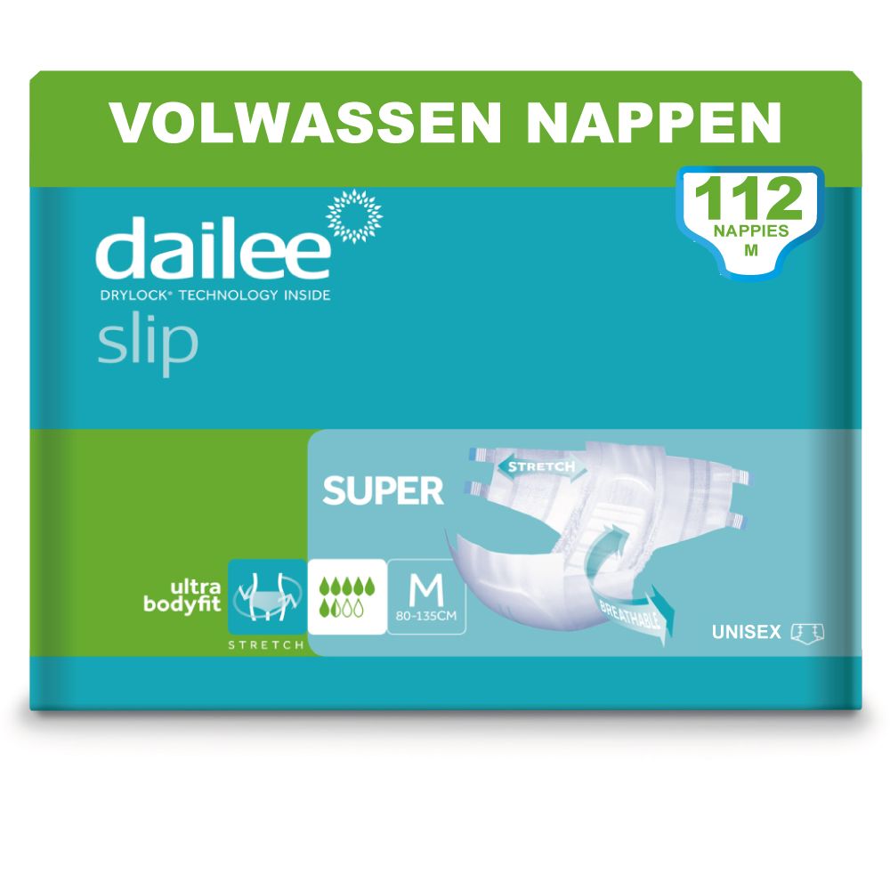 Verpakking Dailee Slip Super incontinentieluiers. Groen-turquoise, met productafbeelding en maat M. 112 stuks.