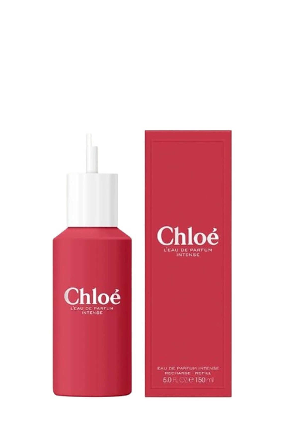 Flacon rouge et emballage rectangulaire. Inscription: Chloé L'Eau de Parfum Intense. Texte: Eau de Parfum Intense Recharge - Refill.