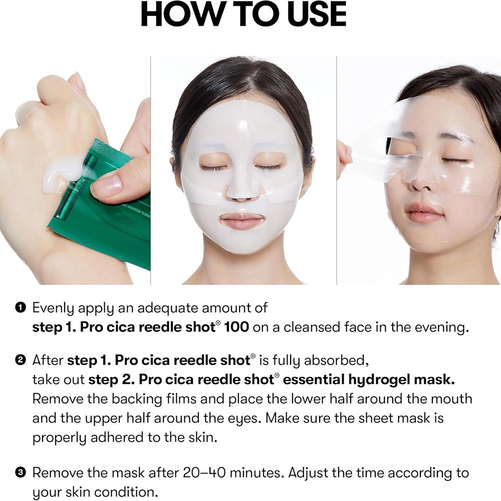 Gebruiksstappen. 1: Pro Cica Reedle Shot 100. 2: Pro Cica Hydrogel Maske. 3: Masker verwijderen. Illustraties.