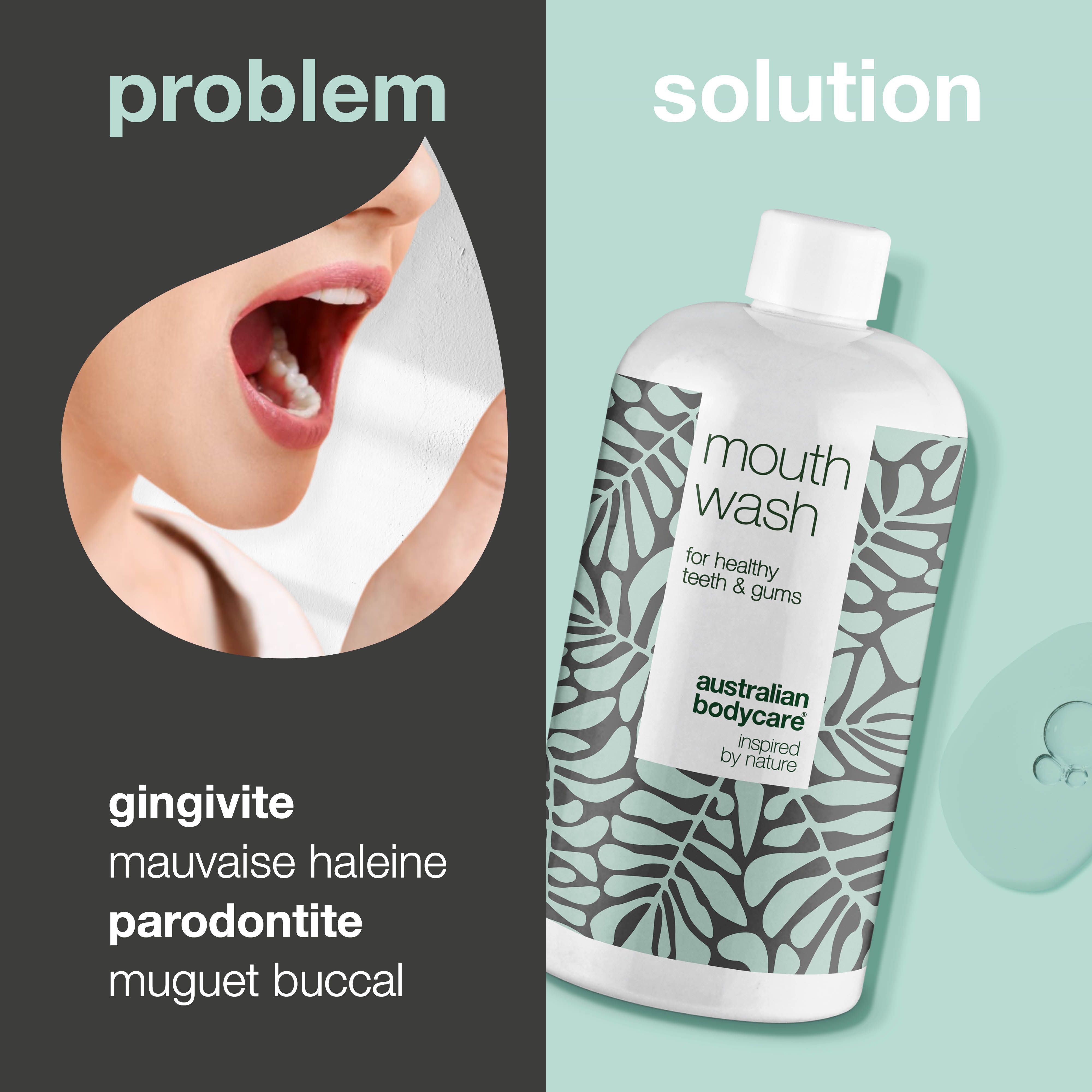Image avec problème et solution. Bouche avec gingivite, à côté flacon de bain de bouche. Inscription : Mouth Wash.