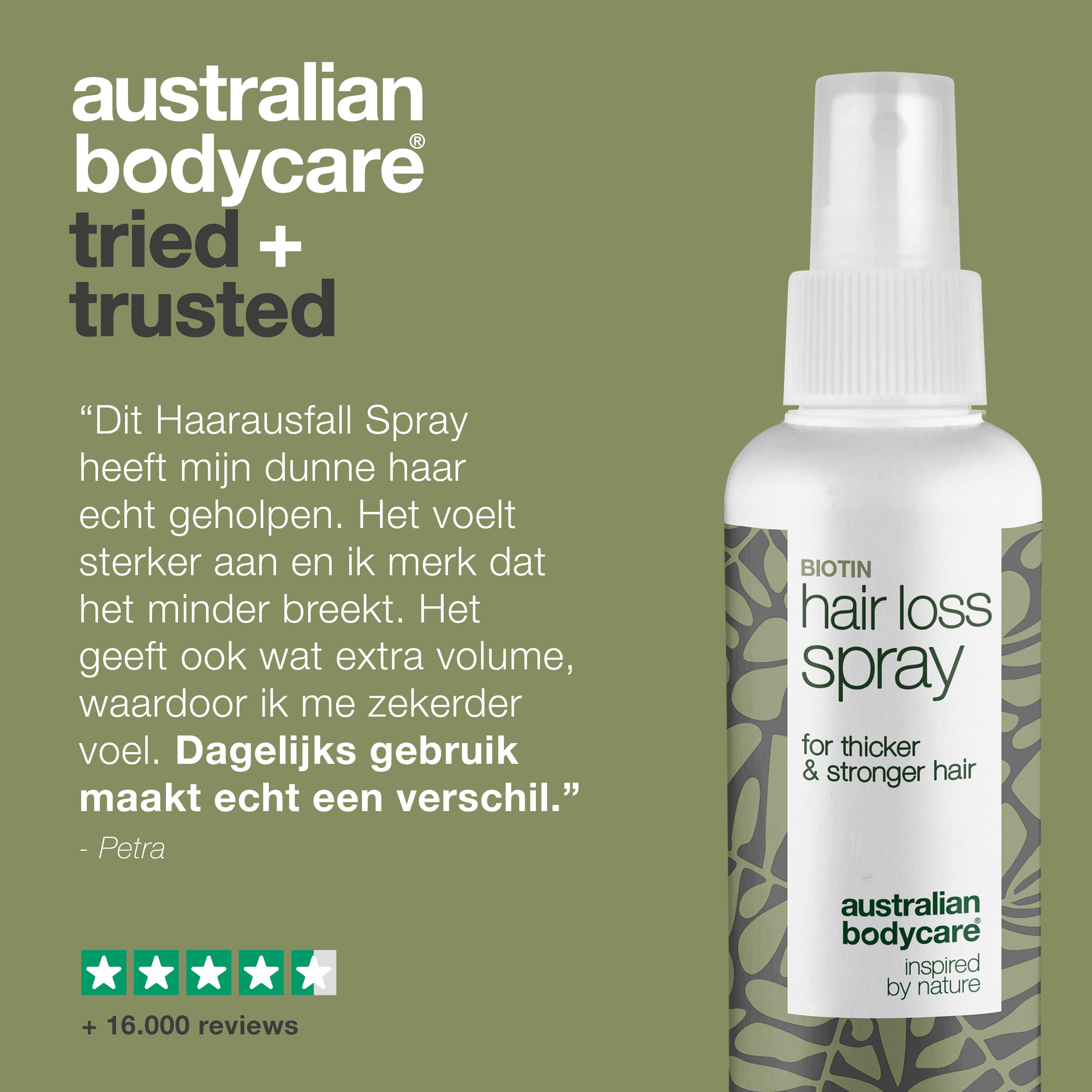 Australian Bodycare. Ervaringsverhaal. Biotin Hair Loss Spray. Voor dikker & sterker haar. +16.000 beoordelingen.