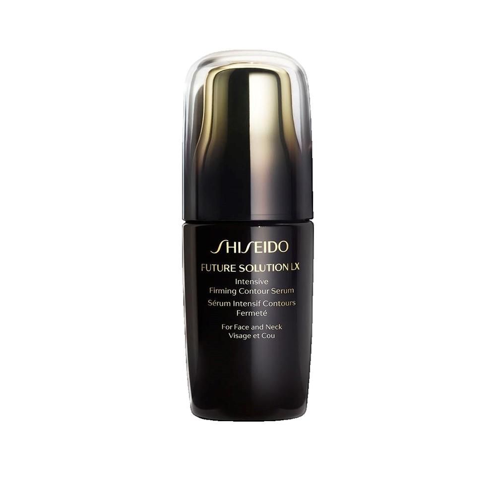 Zwarte fles met gouden dop. Tekst: Shiseido Future Solution LX, Intensive Firming Contour Serum.