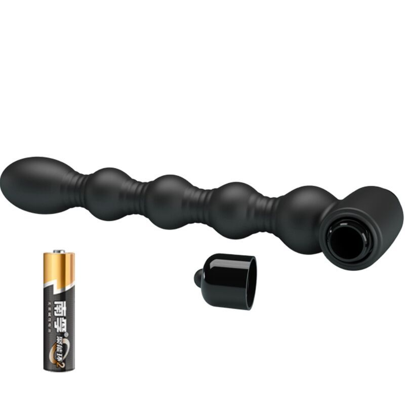 Bâton de massage noir perlé avec capuchon amovible et une pile AA à côté.