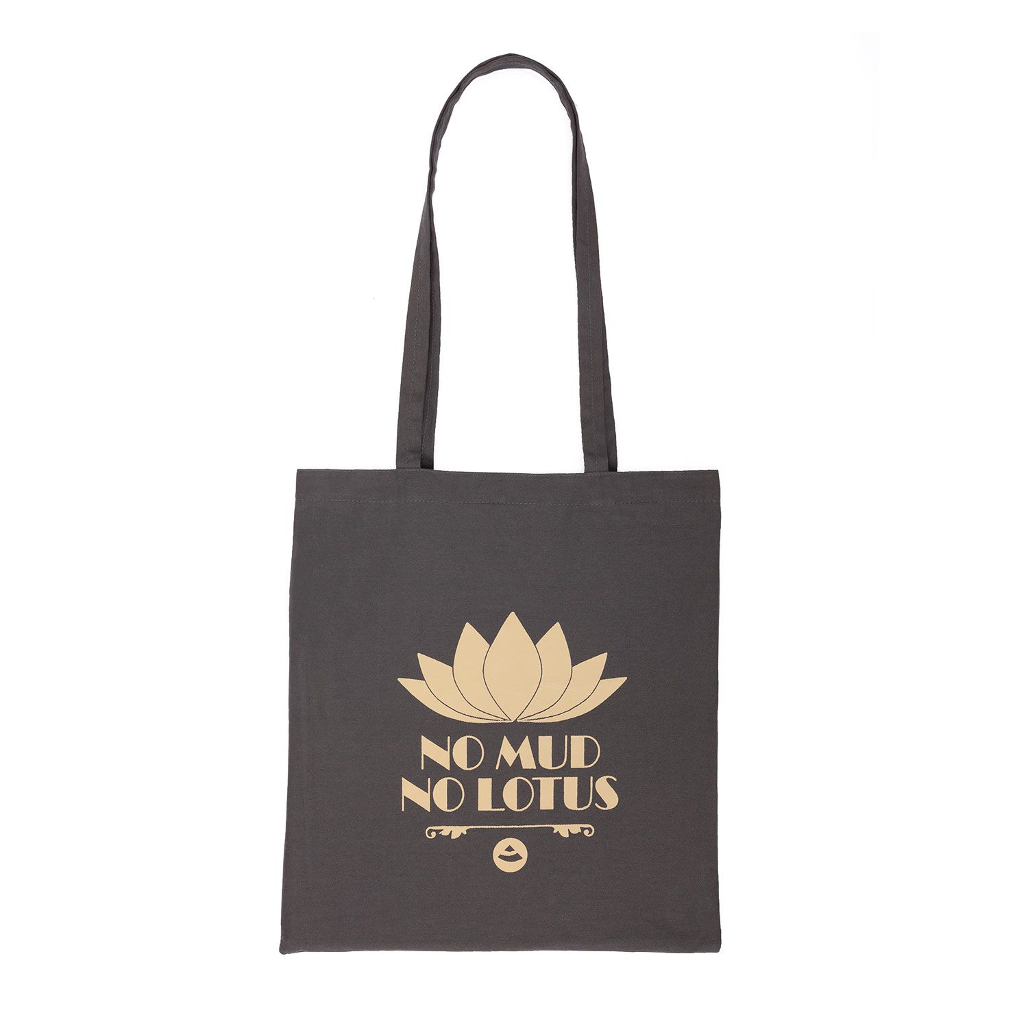 Donkergrijze katoenen tas met gouden lotusbloemdesign en tekst "No Mud No Lotus". Verticale weergave.