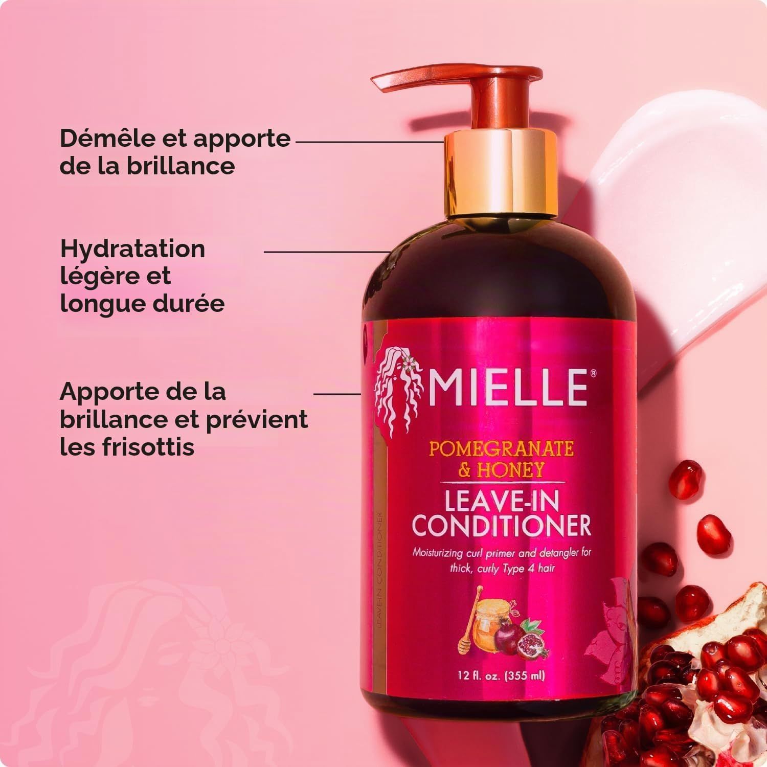 Flacon Mielle Pomegranate & Honey Leave-In Conditioner avec pompe, 355ml.