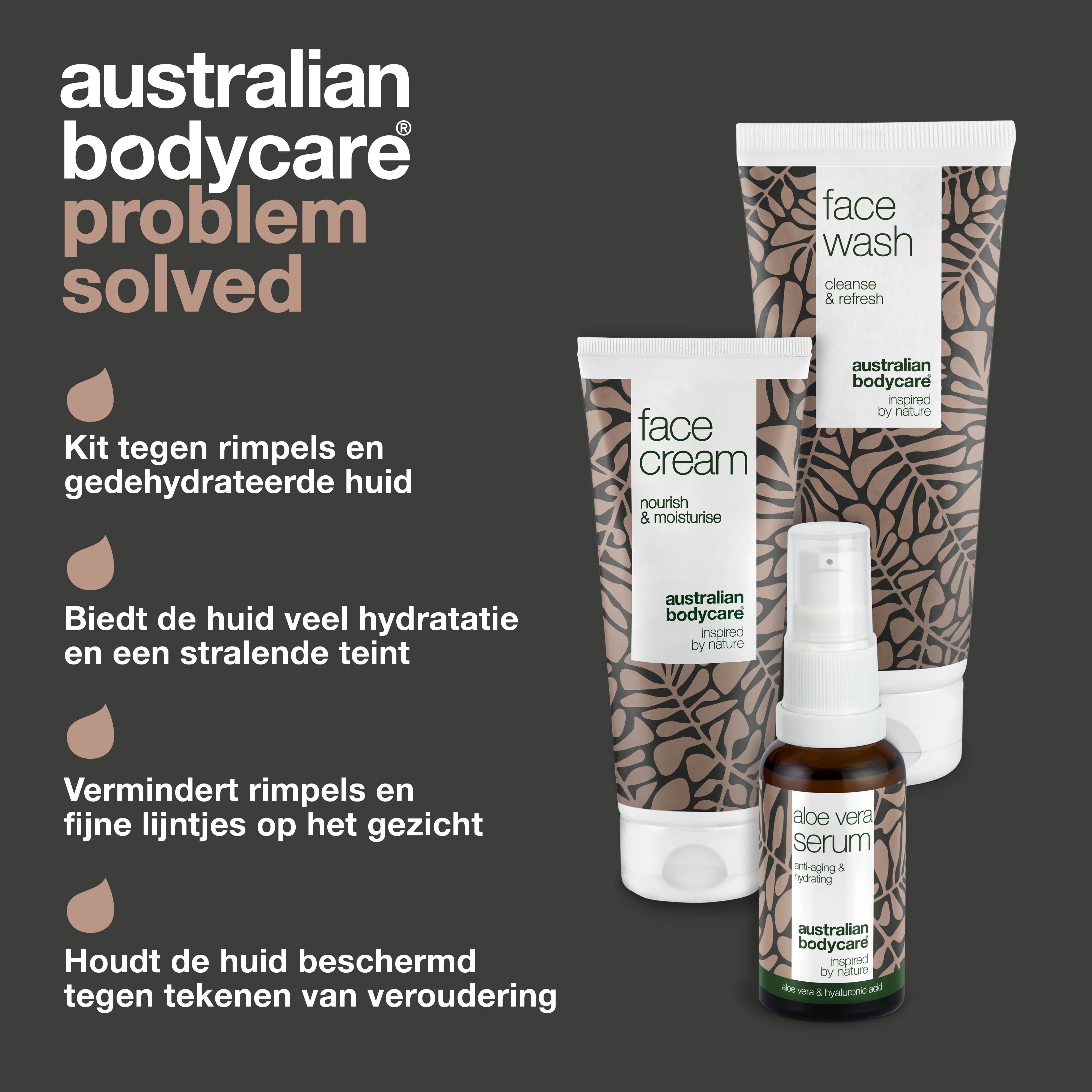 Gezichtsverzorgingsset. Tekst: probleem opgelost. Producten: Face Wash, Face Cream, Serum. Bruine druppels.