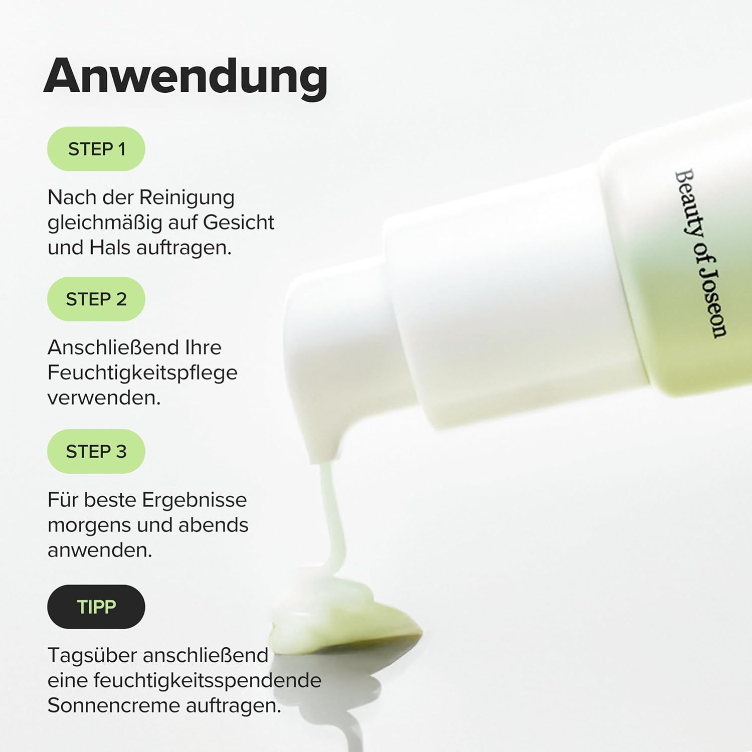 Étapes d'utilisation. Texte : ÉTAPE 1, ÉTAPE 2, ÉTAPE 3. Marque : Beauty of Joseon.