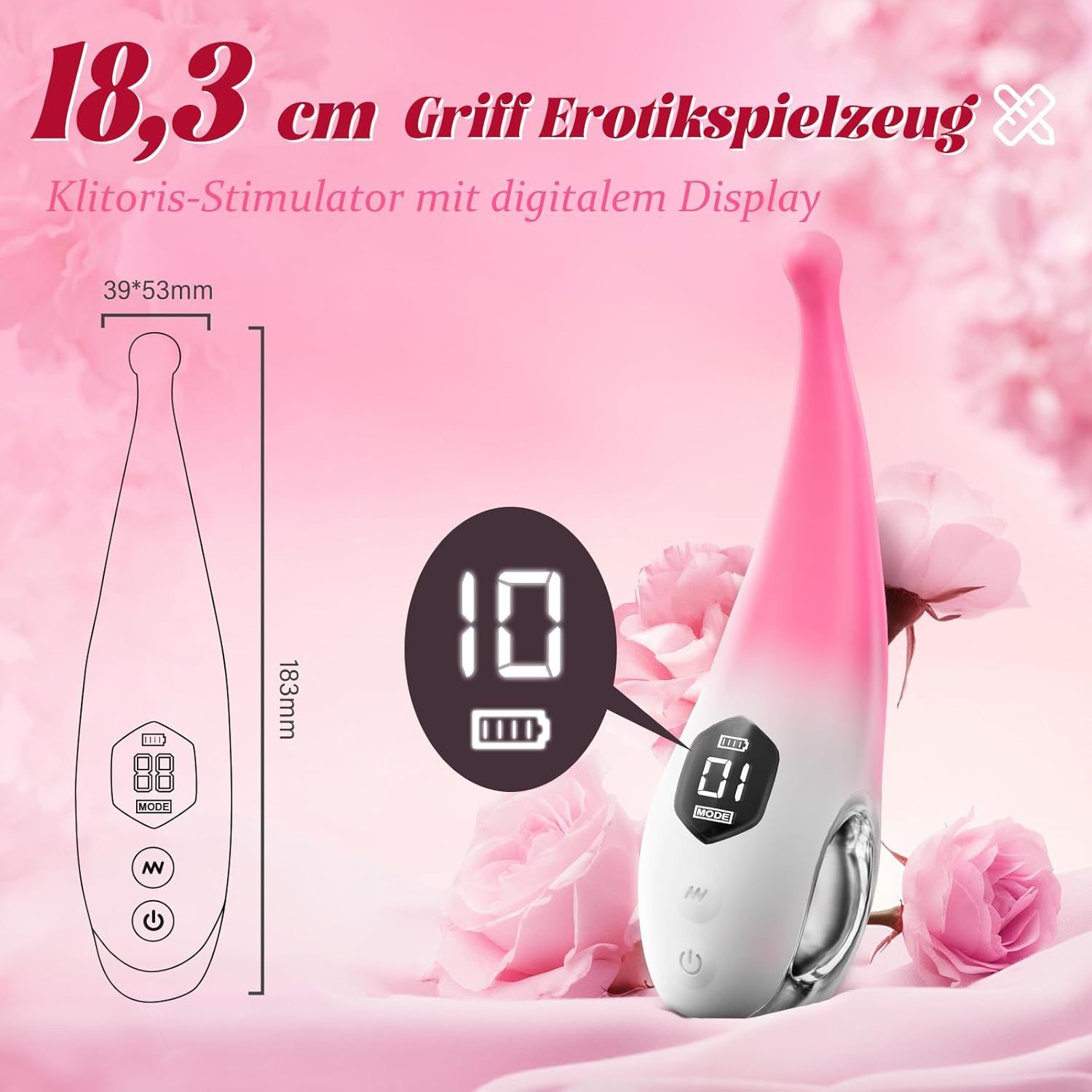 Vibrateur rose avec écran numérique et dimensions de 18,3 cm. Avec une représentation schématique.