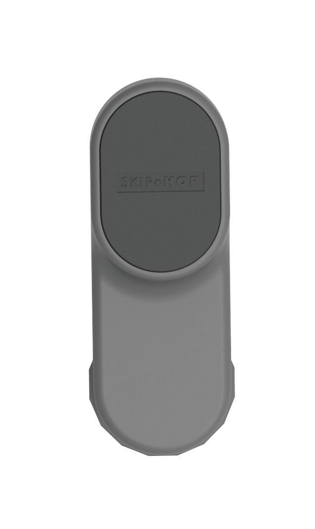 Support de téléphone gris avec zone sombre et logo Skip Hop. Design ovale.