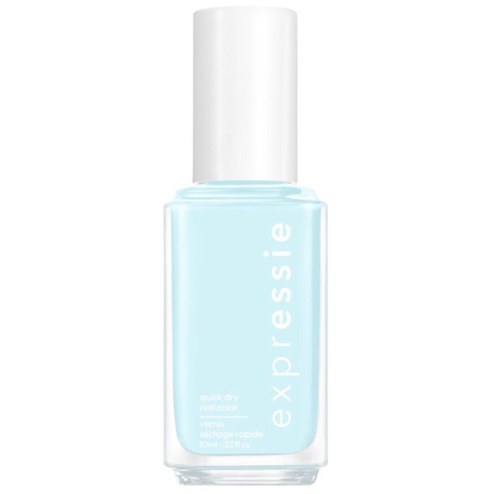 Flacon de vernis à ongles avec contenu bleu clair. Inscription : Expressie, quick dry nail color.