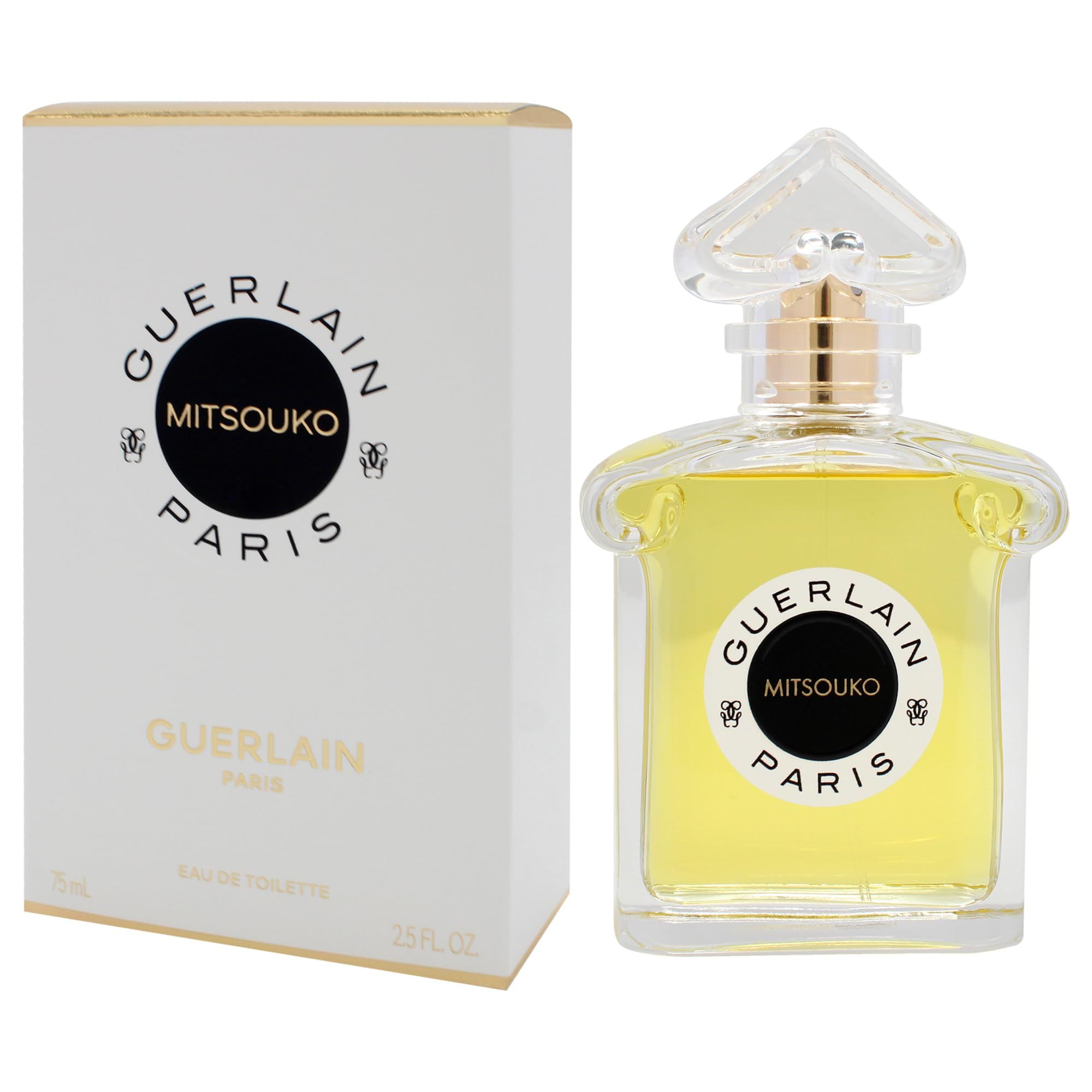 Guerlain Mitsouko Eau de Toilette fles en verpakking. Vierkante fles, witte doos met merklogo en productnaam.