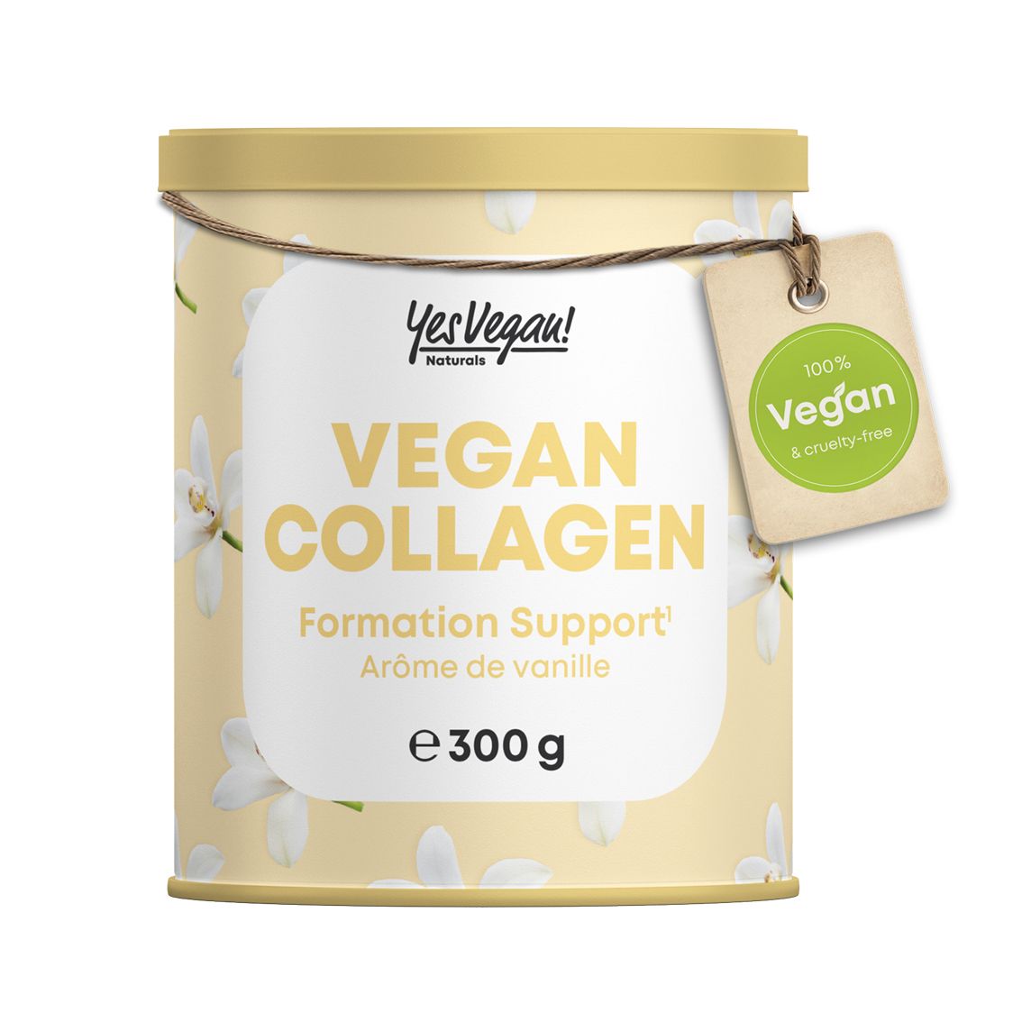 Boîte de poudre de collagène végétalien vanille avec sceau 100% Vegan.