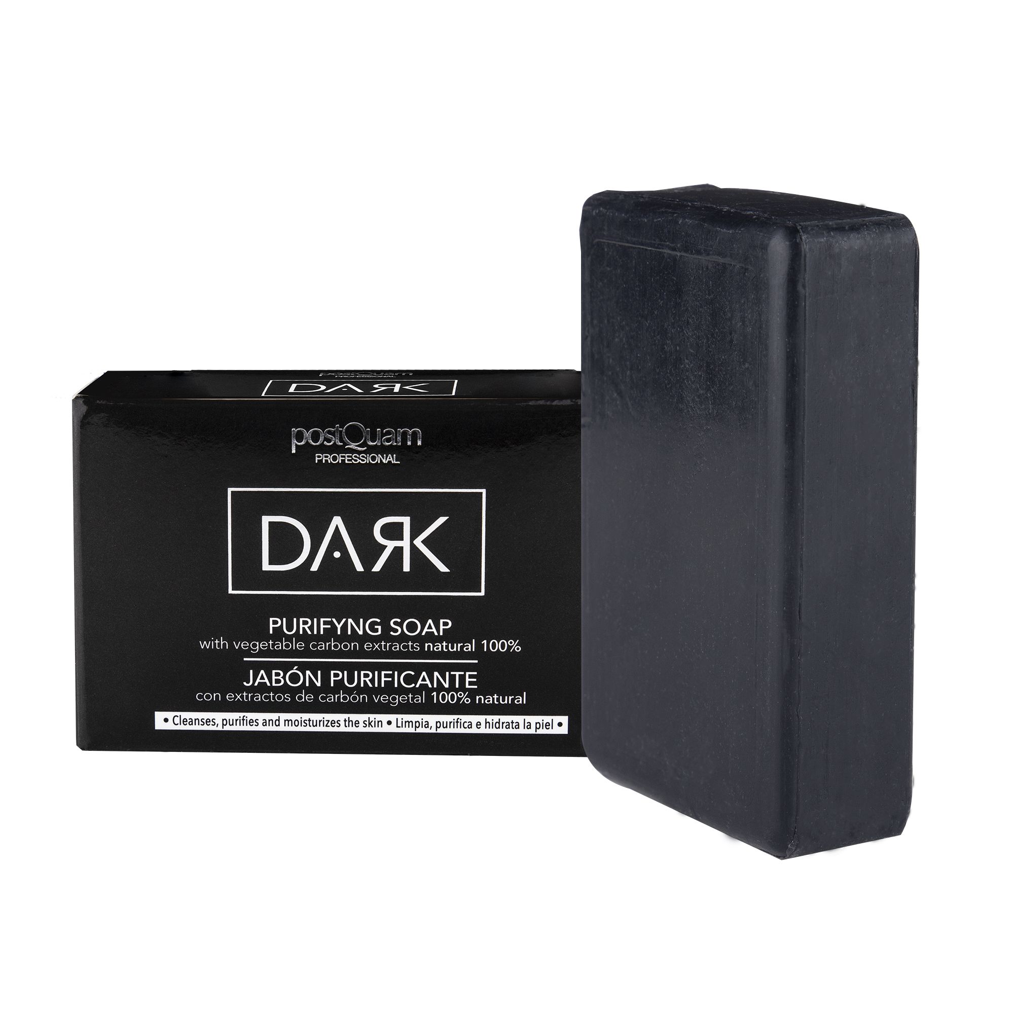 Savon noir et emballage. Inscription 'DARK' et 'postQuam'.