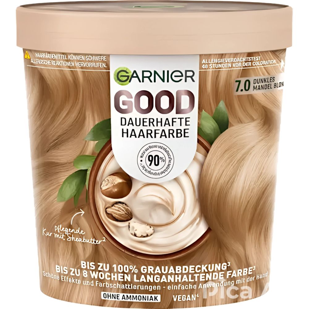 Récipient de Garnier Good coloration permanente. Inscription: 7.0 Blond amande foncé, jusqu'à 100% de couverture des cheveux gris, sans ammoniaque, vegan.