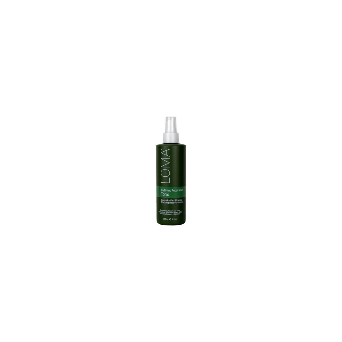 Flacon vert LOMA avec vaporisateur. Texte: « Fortifying Repairative Tonic ». Sur fond blanc.