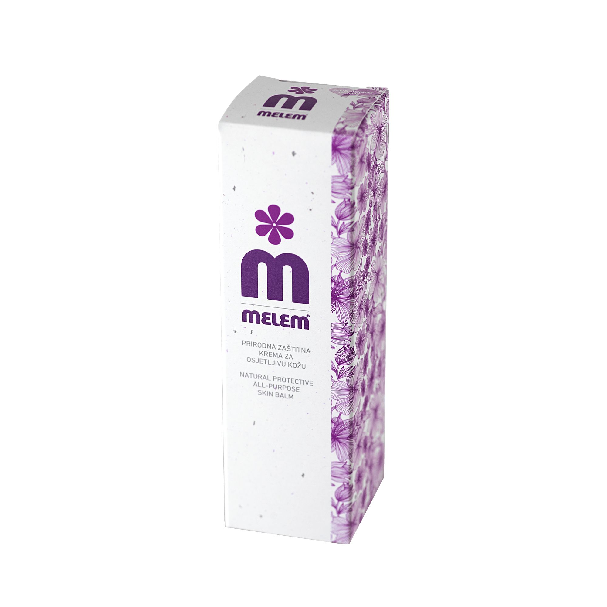 Boîte avec motif floral violet et logo. Texte: MELEM, crème protectrice naturelle pour peau sèche.
