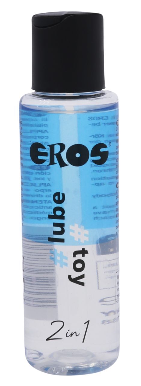 Gros plan d'une bouteille de lubrifiant EROS 2en1 et liquide pour jouets, bouchon noir.