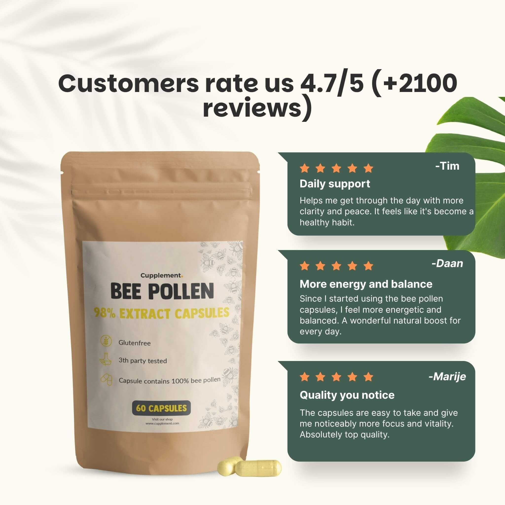 Sachet de gélules. Texte: Bee Pollen 98% Extract Capsules. 60 gélules. Évaluation client 4.7/5. Citations.