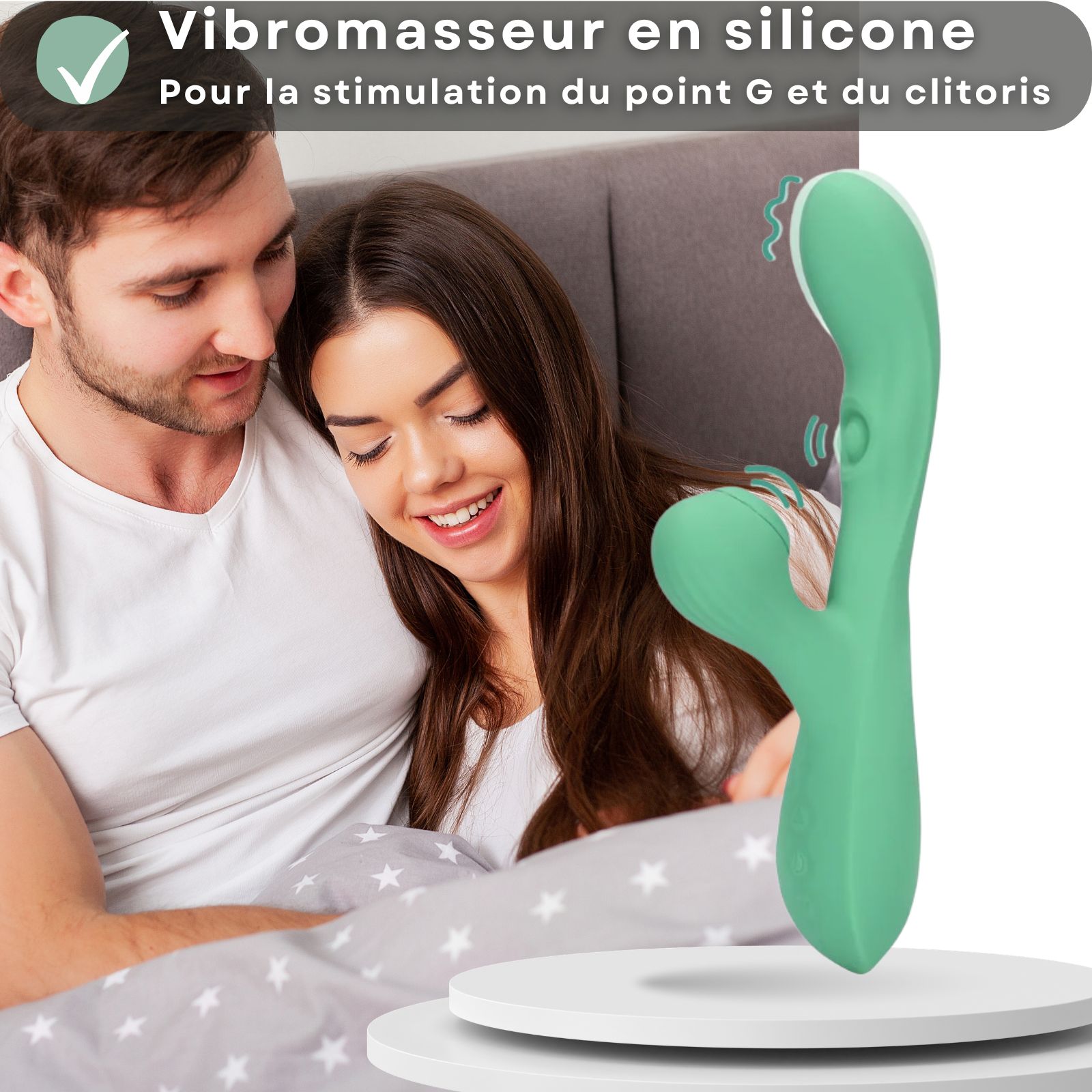 Vibrateur vert. Texte: Vibrateur en silicone, pour stimulation G et clitoris.