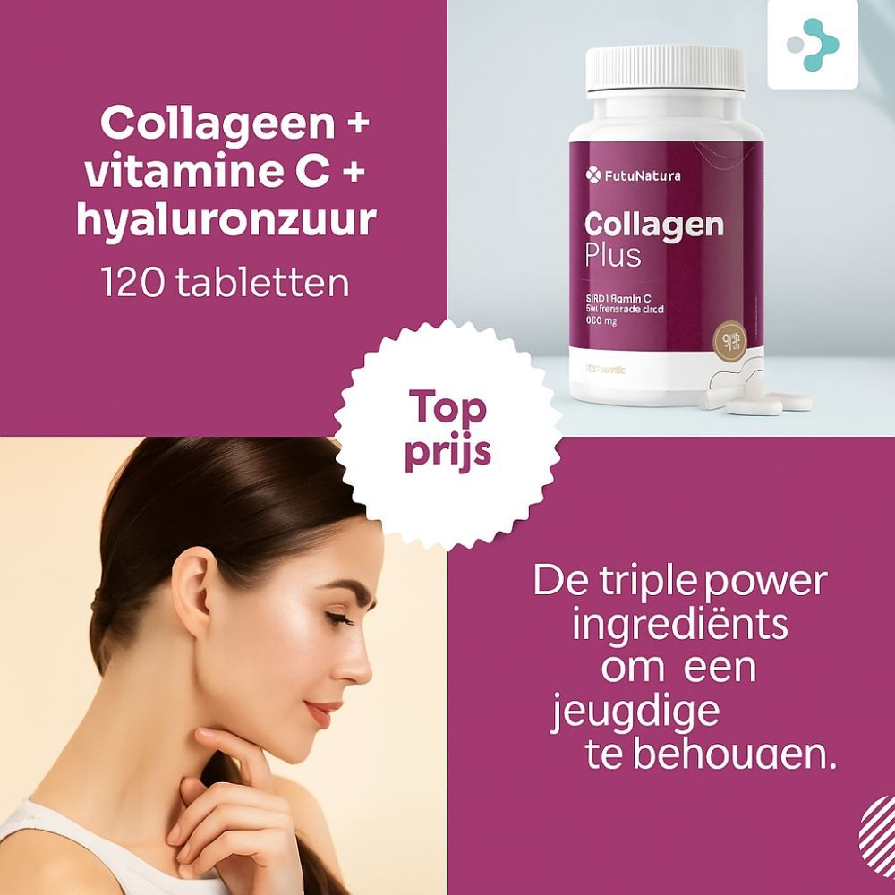 Reclamebeeld met FutuNatura Collagen Plus. Fles, tekst: Collageen + vitamine C + hyaluronzuur, 120 tabletten. Vrouwengezicht.