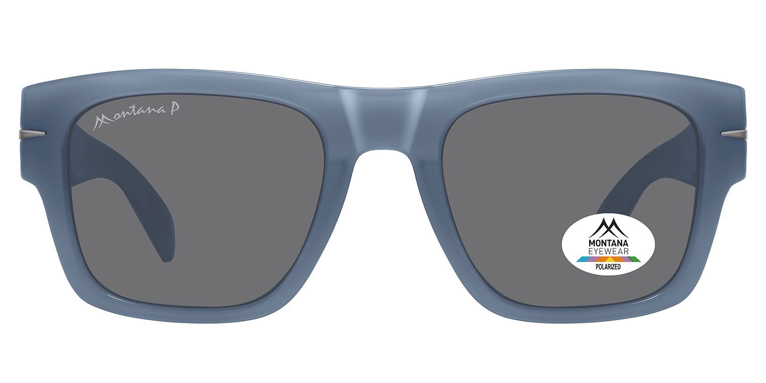 Lunettes de soleil bleues avec verres rectangulaires. Un autocollant avec logo et inscription 'Polarized' est visible sur un verre.
