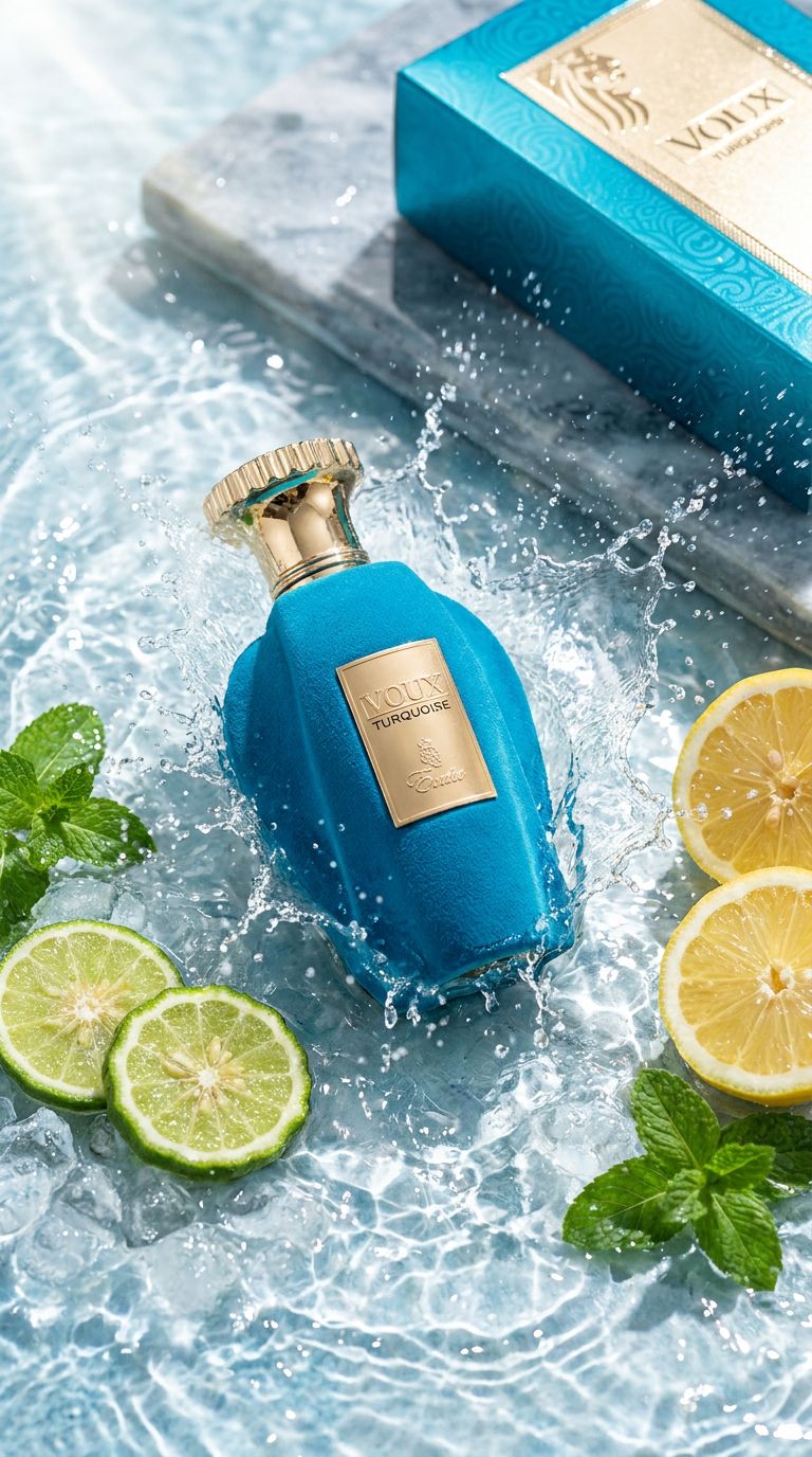 Turquoise parfumfles in waterspetters met citrusvruchten en munt.