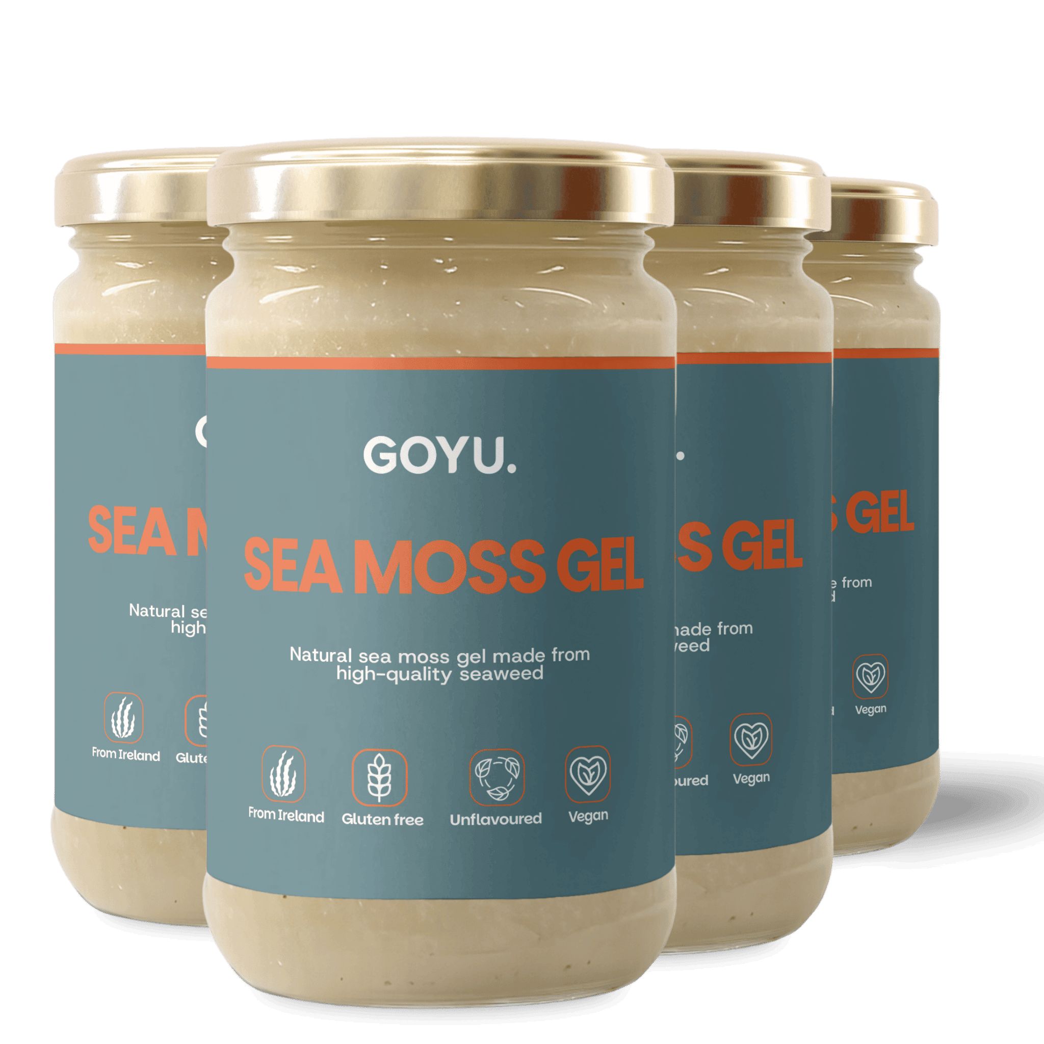 Quatre pots de Sea Moss Gel. Étiquettes bleues avec texte blanc. Couvercles dorés. Végétalien, sans gluten, d'Irlande.